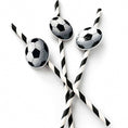 Load image into Gallery viewer, Football paper straw toppers pack of 12 with black and white striped design and football-shaped toppers.
