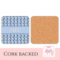 Load image into Gallery viewer, Personalised name coasters in blue panache design with cork backing and customized name 'JADE'.