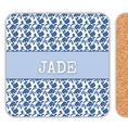 Load image into Gallery viewer, Personalised name coasters featuring blue panache design with name 'JADE' for a unique touch.