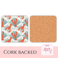 Load image into Gallery viewer, Salty Days - coastal drink coasters set of 4 featuring colorful lobster and seaweed design with cork backing.