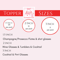 Load image into Gallery viewer, Heart Shaped Edible Wafer Family Name Wedding Drink Toppers size guide with dimensions for various glass types.
