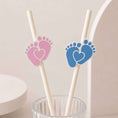 Load image into Gallery viewer, Baby feet blue pink paper straw toppers, featuring pink and blue baby feet designs on white paper straws.