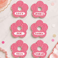 Load image into Gallery viewer, Red & white stripe personalised name drink marker - flower-shaped with names Lucy, Jessica, Zoe, Sasha, Ella, and Sarah.