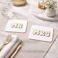 Load image into Gallery viewer, Luxury drink coasters set featuring gold and white typography for Mr and Mrs, perfect for elegant occasions.