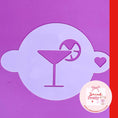Load image into Gallery viewer, Reusable cocktail coffee stencils design featuring a martini glass and lemon slice on a purple background.