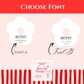Load image into Gallery viewer, Personalised white name card Occasion drink marker font selection options A and B for event customization.