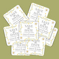 Load image into Gallery viewer, Personalised Save The Date coasters featuring daisy flower design for wedding announcement.