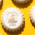 Load image into Gallery viewer, Edible cake toppers on the farm featuring a scarecrow design for Happy 2nd Birthday Sammi cookies.
