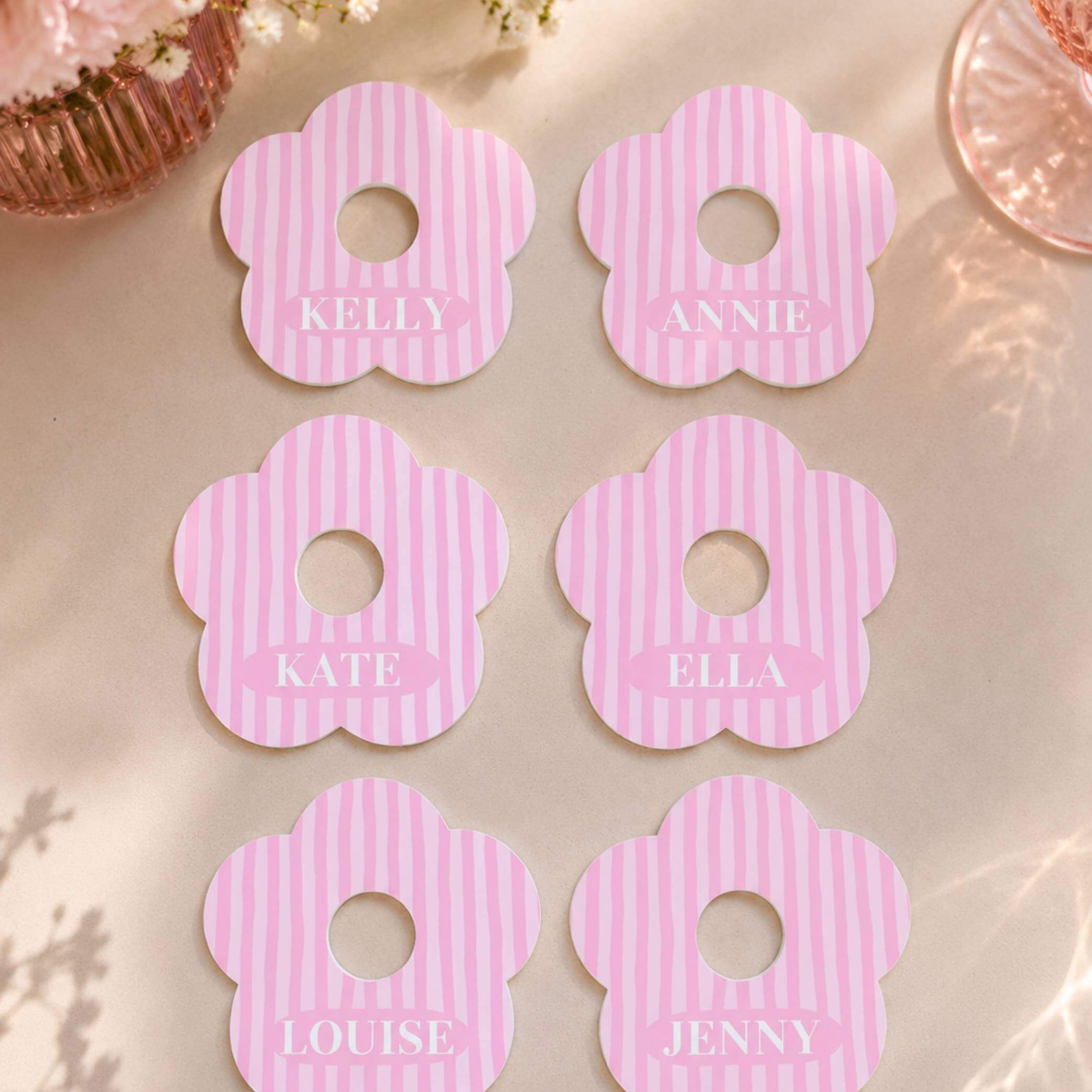 Pink & White Stripe Personalised Name Drink Marker set featuring six flower-shaped markers with names.