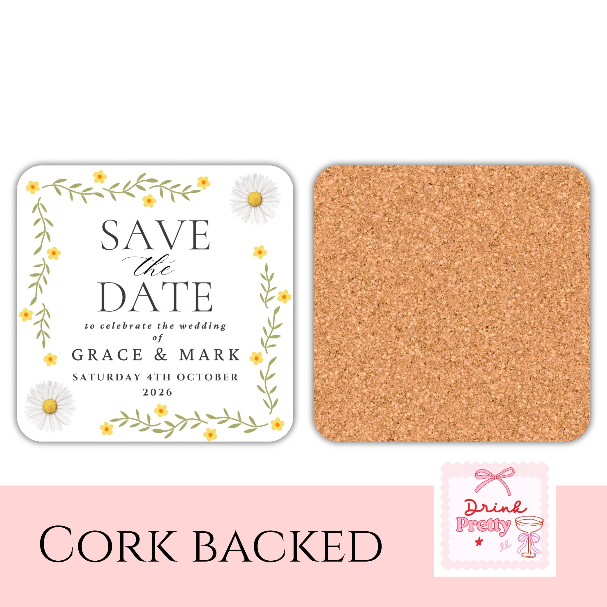 Personalised save the date coasters featuring daisy flowers and a cork back, perfect for wedding announcements.