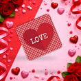 Load image into Gallery viewer, Red Gingham Love Coasters With Heart surrounded by roses and heart decorations for Valentine's Day.
