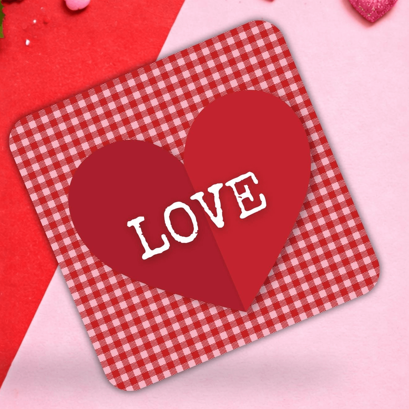 Red gingham love coasters featuring a heart design with the word LOVE for Valentine's Day.