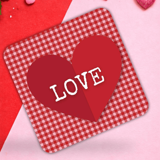 Red gingham love coasters featuring a heart design with the word LOVE for Valentine's Day.