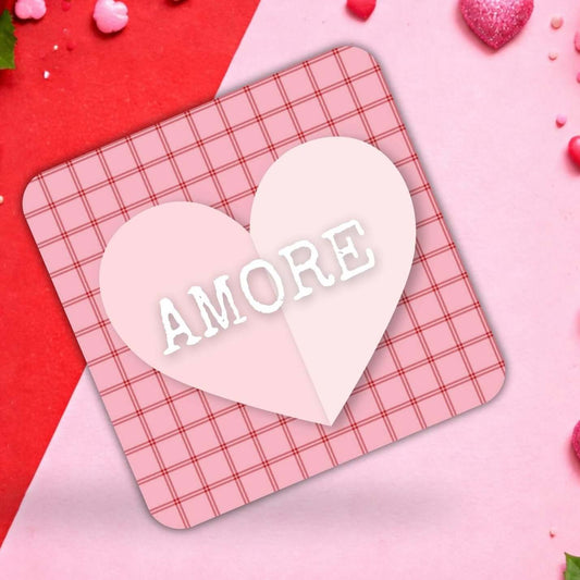 Pink heart coaster featuring a charming check pattern with 'AMORE' text, perfect for Valentine's Day celebrations.