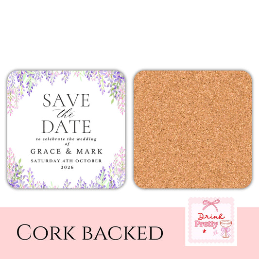 Personalised wedding coasters featuring lilac and pink flowers, Save the Date for Grace and Mark's wedding.