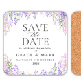 Load image into Gallery viewer, Personalised wedding coasters featuring lilac and pink flowers with 'Save the Date' for Grace & Mark's wedding.
