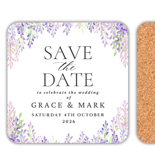 Personalised wedding coasters featuring lilac and pink flowers with 'Save the Date' for Grace & Mark's wedding.