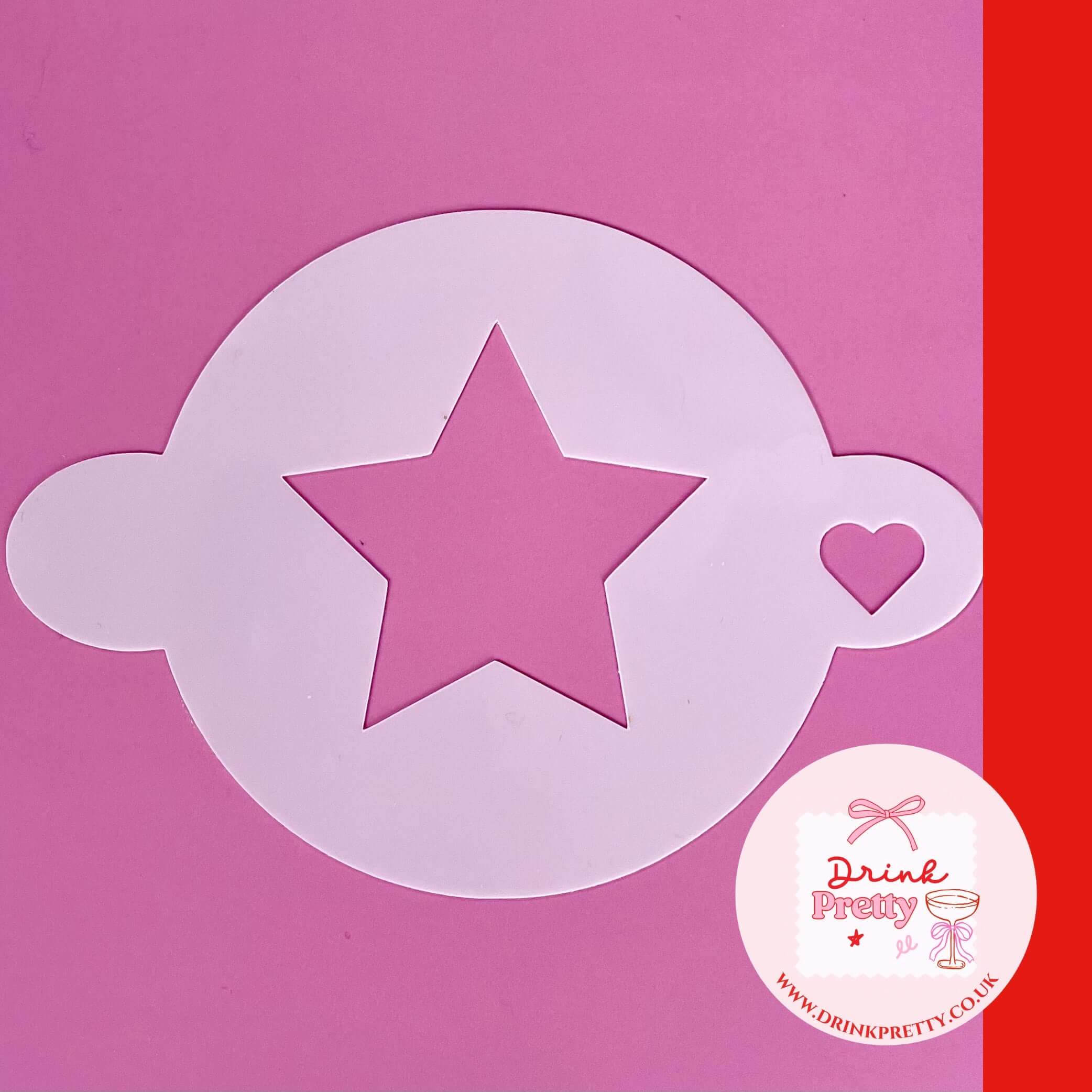 Reusable cocktail coffee stencils design featuring a star and heart cutout on pink background.