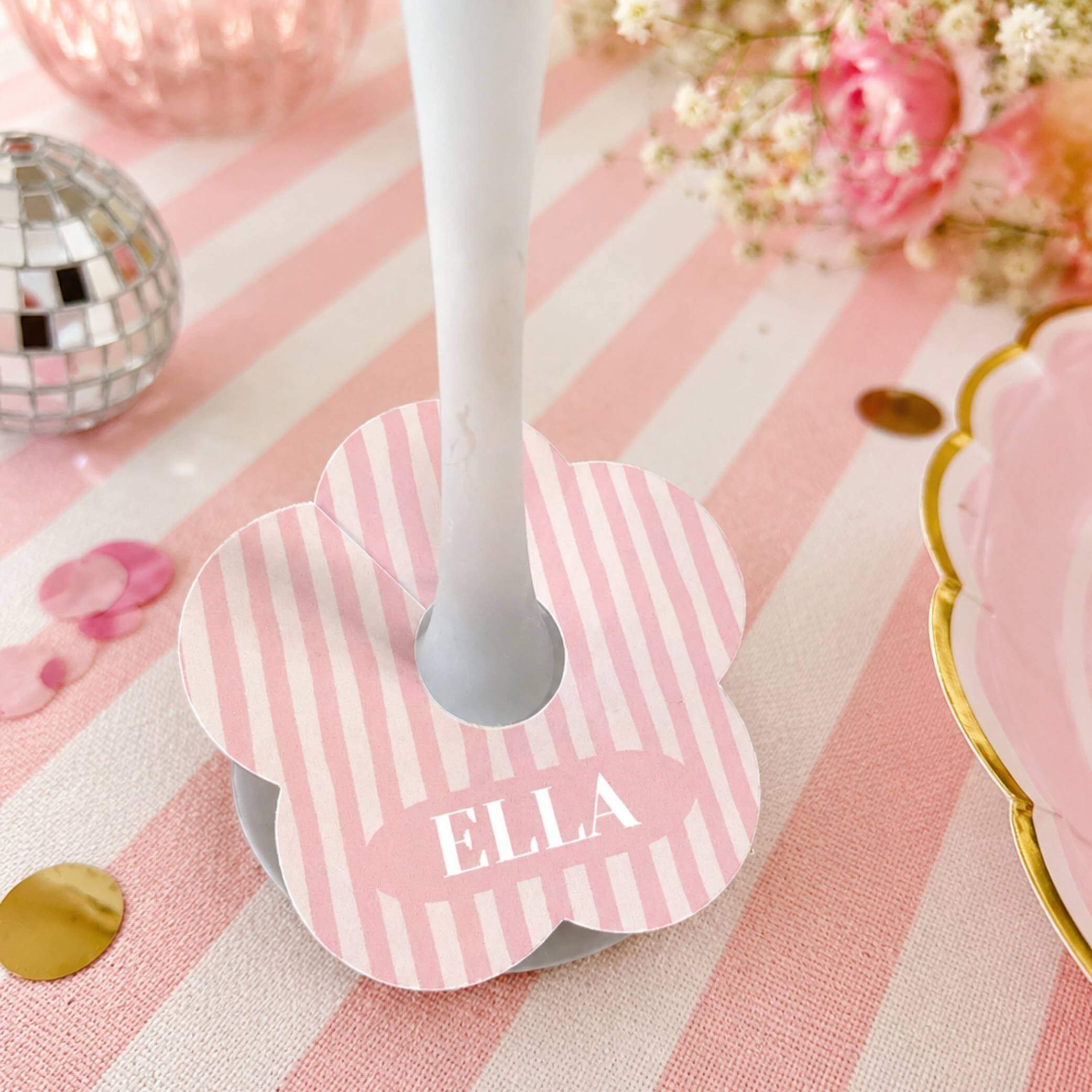 Pink & White Stripe Personalised Name Drink Marker with the name ELLA displayed on a table setting.
