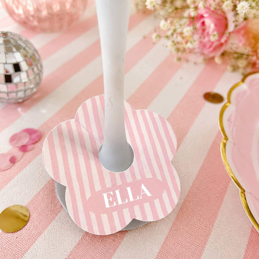Pink & White Stripe Personalised Name Drink Marker with the name ELLA displayed on a table setting.