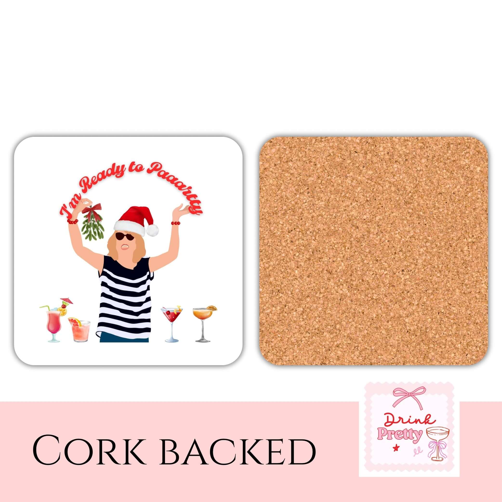Fun party drink coasters featuring a quirky design for Christmas gatherings, cork backed for protection.