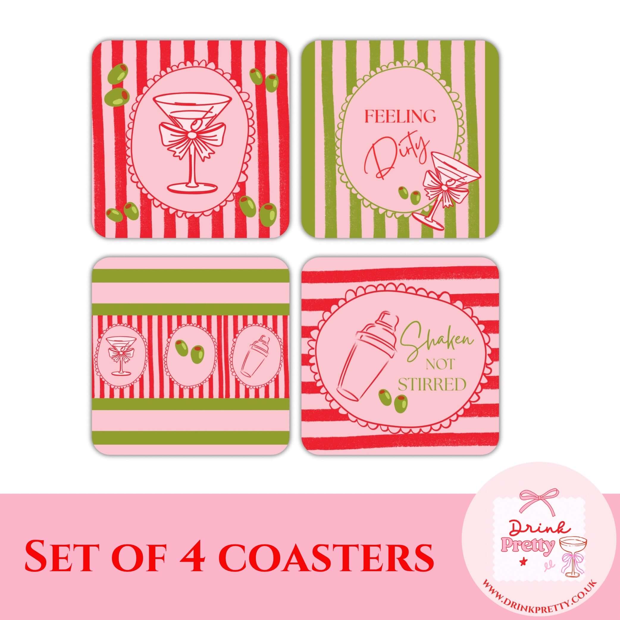 Feeling Dirty martini drink coasters in a set of 4 with colorful designs and cocktail themes.