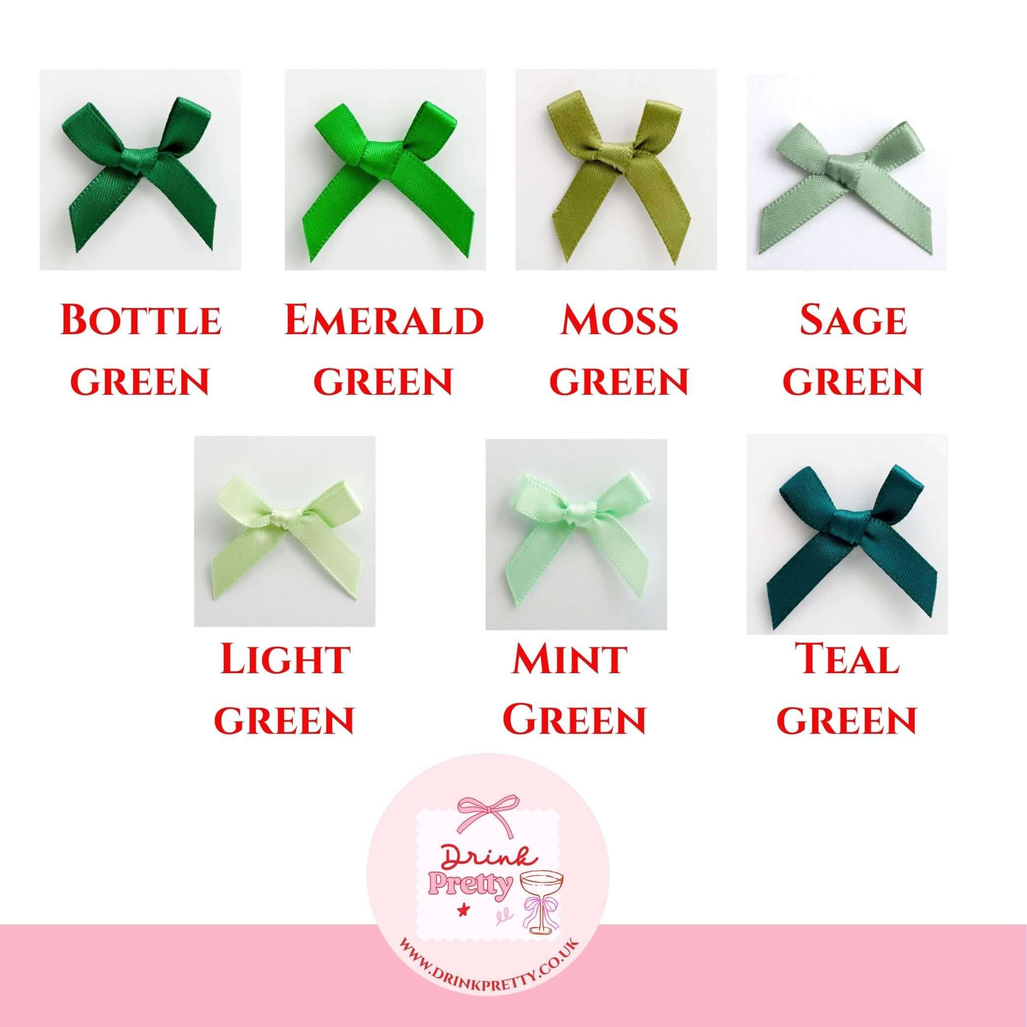 Personalised wine charms in various shades of green: Bottle green, Emerald green, Moss green, Sage green, Light green, Mint green, and Teal green.