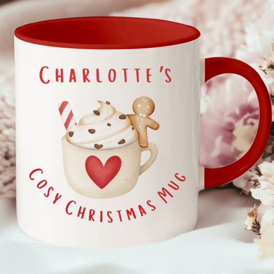 Cosy Christmas Mug with a gingerbread design, red handle, and festive decorations, perfect for holiday beverages.