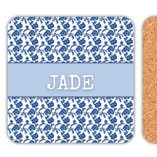 Personalised name coasters featuring blue panache design with name 'JADE' for a unique touch.