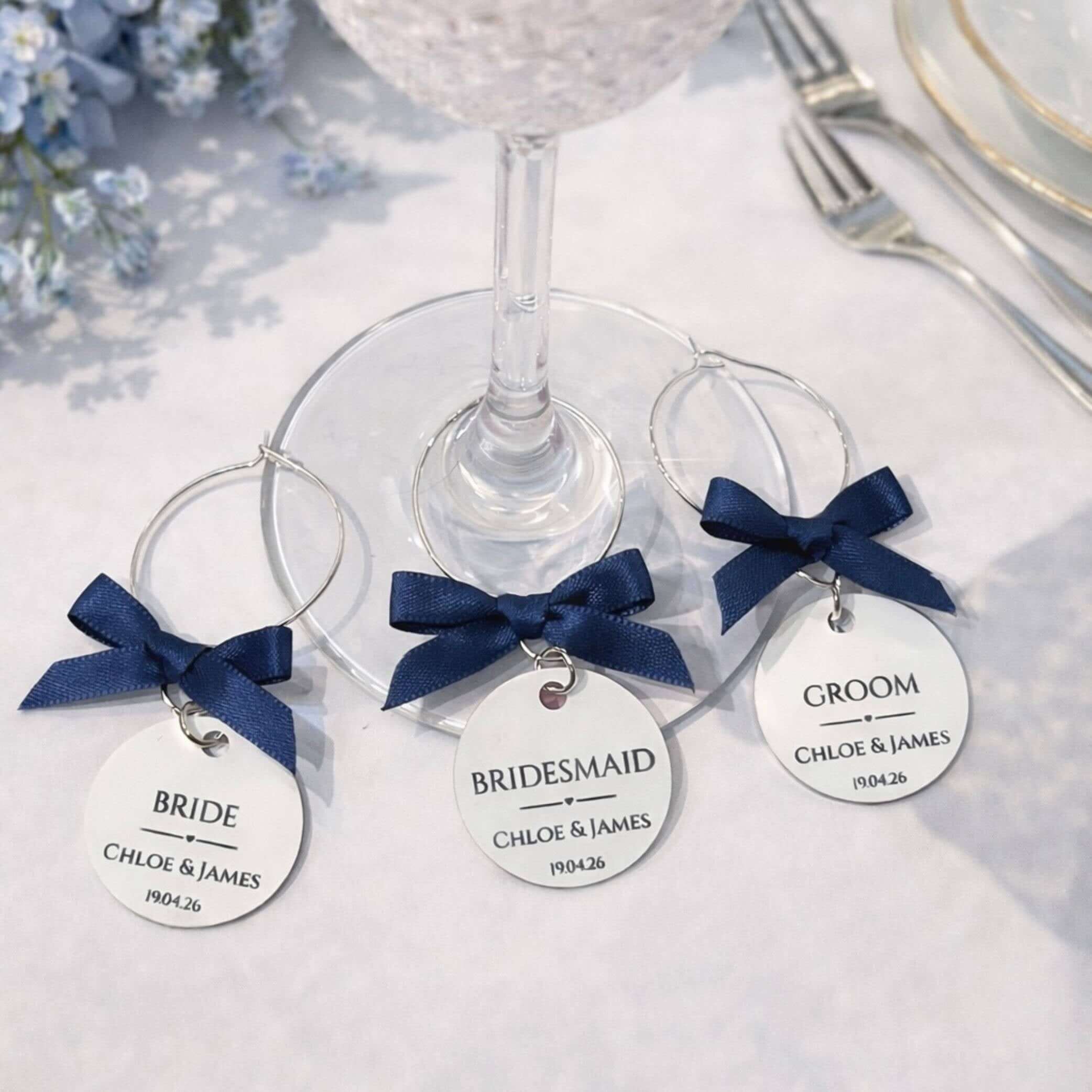 Wedding Wine Charms for Bridal Party with tags for Bride, Bridesmaid, and Groom, elegantly designed for wedding celebrations.