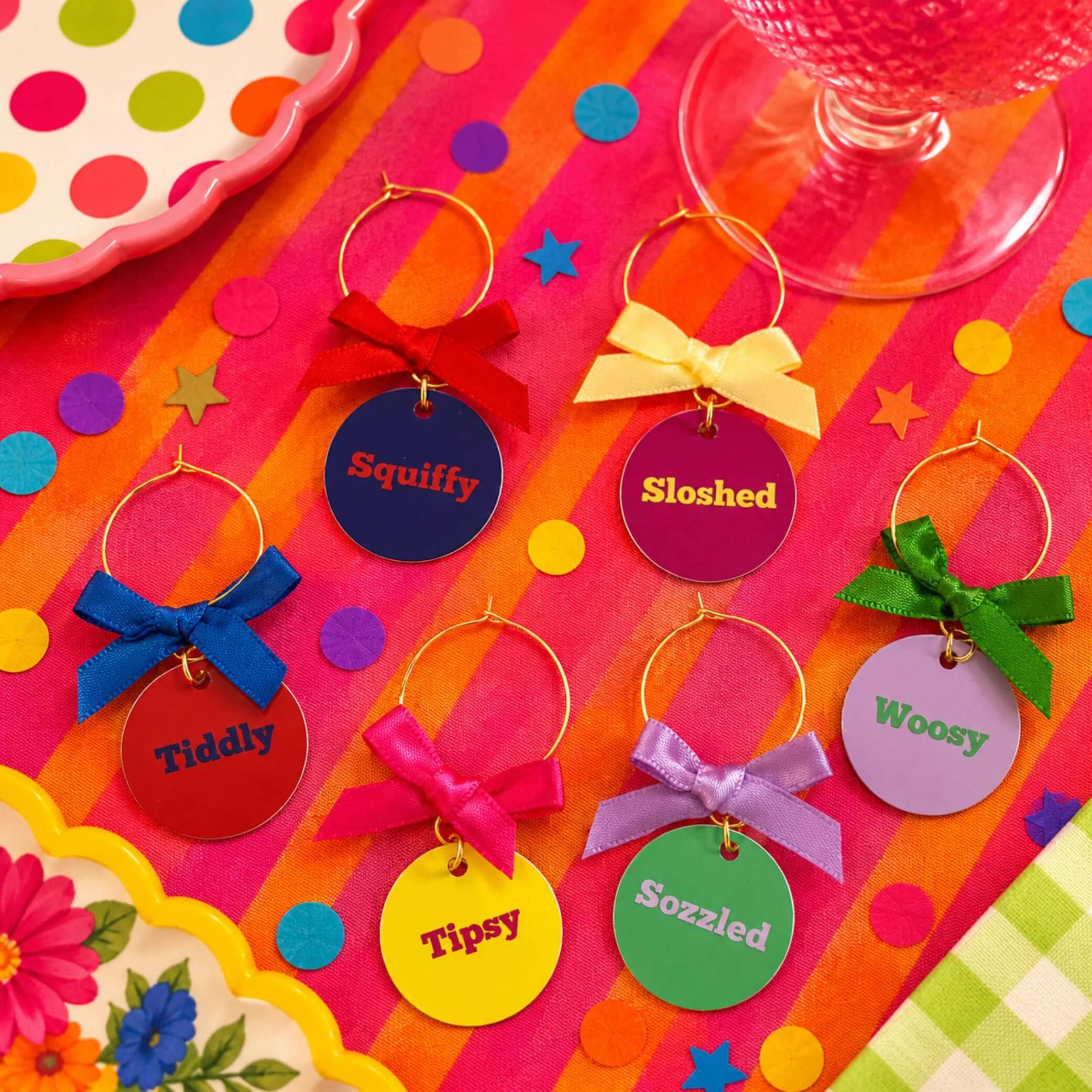 Tipsy Quotes Wine Glass Charm Set Of 6 featuring colorful charms with fun phrases on a vibrant table setting.