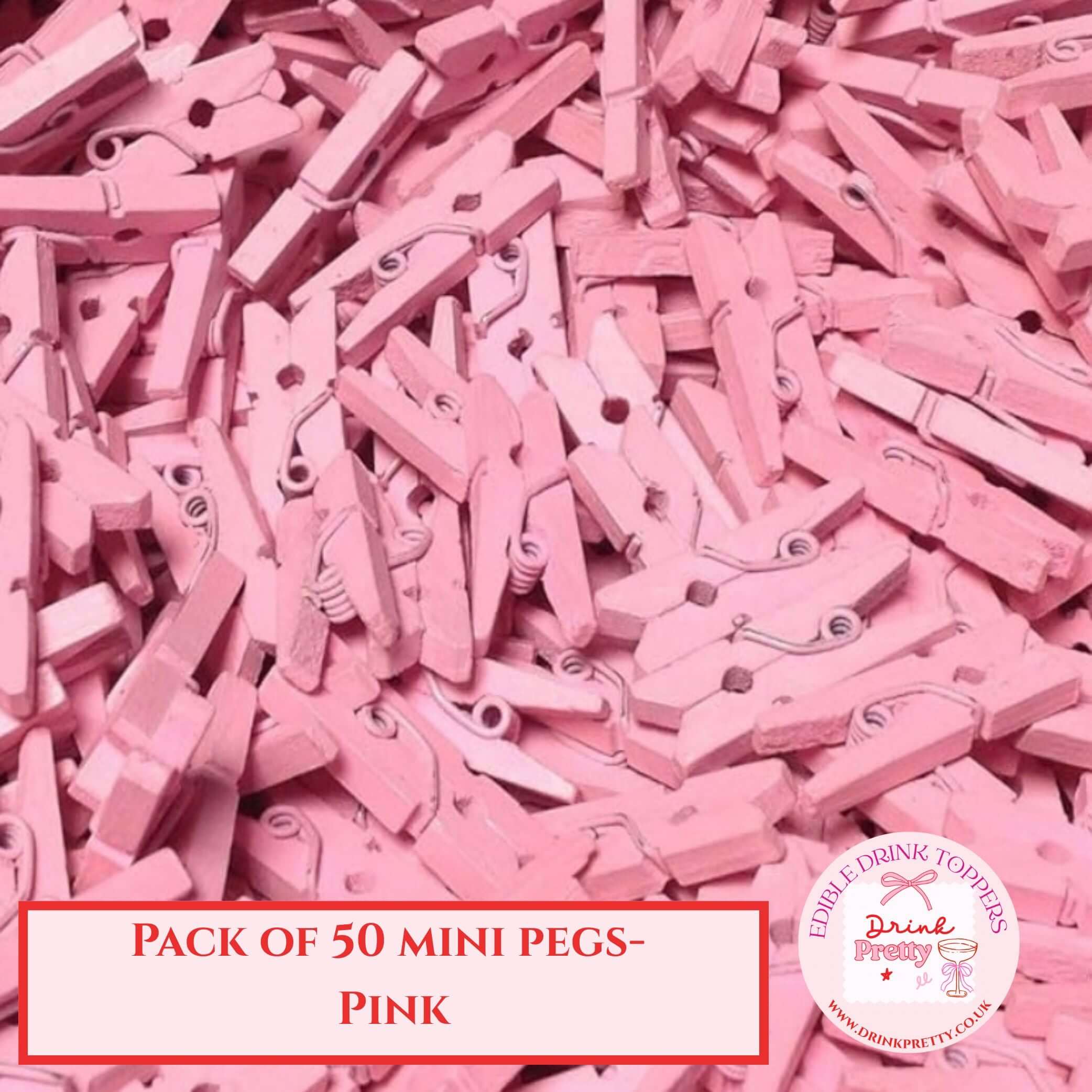Pack of 50 pink mini wooden pegs clip for drink toppers and event styling.