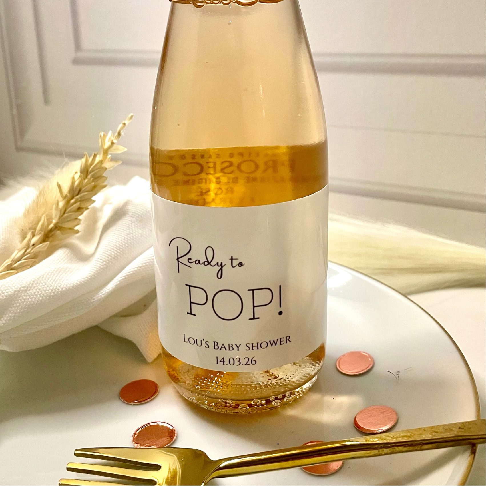 Ready to pop champagne mini label 3x2 for baby shower