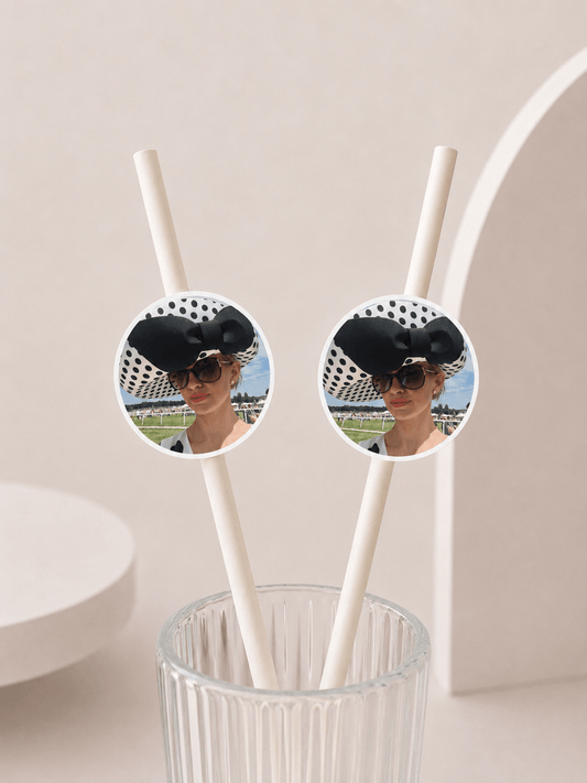 Upload your own personalised photo Paper straw toppers featuring custom photo designs on eco-friendly straws.