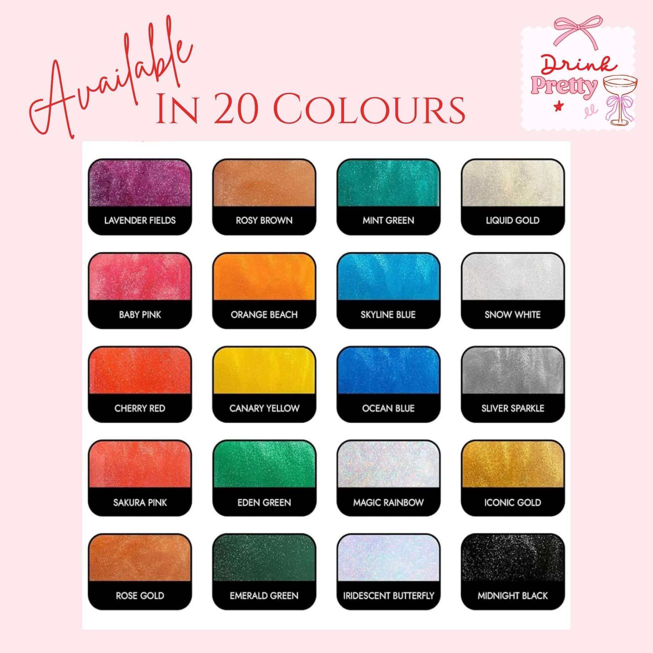 Color swatch chart displaying 20 shades of edible drink shimmer, including Liquid Gold and others.