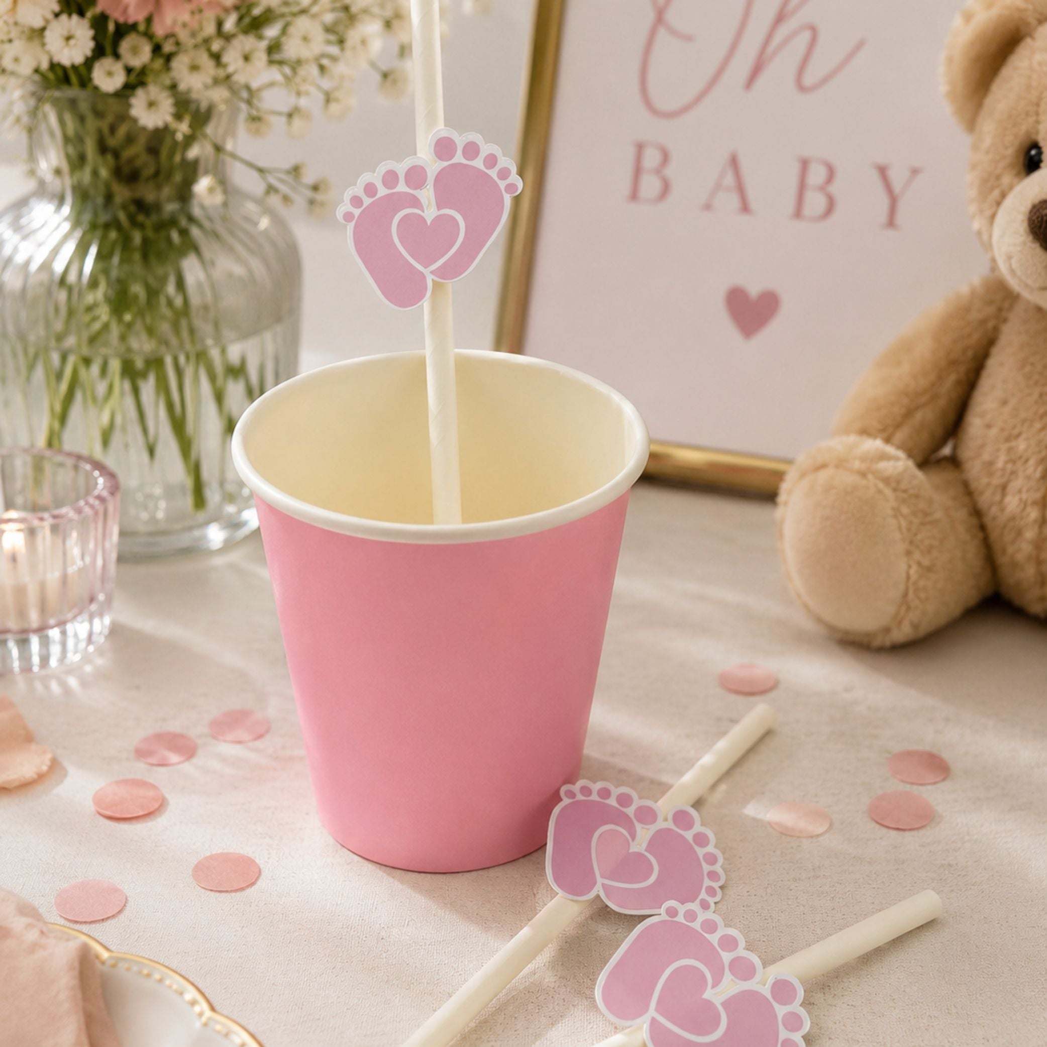 Baby Feet Blue Pink Paper Straw Toppers Pack of 12