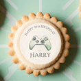 Load image into Gallery viewer, Level Up Edible Cake Toppers with a gaming controller design for Harry's 9th birthday cookie.
