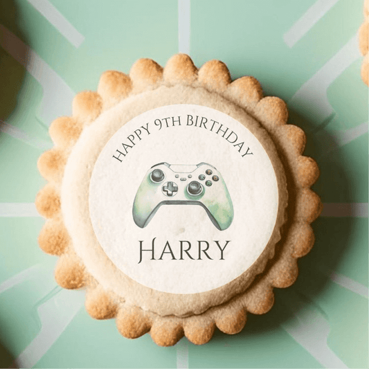 Level Up Edible Cake Toppers with a gaming controller design for Harry's 9th birthday cookie.