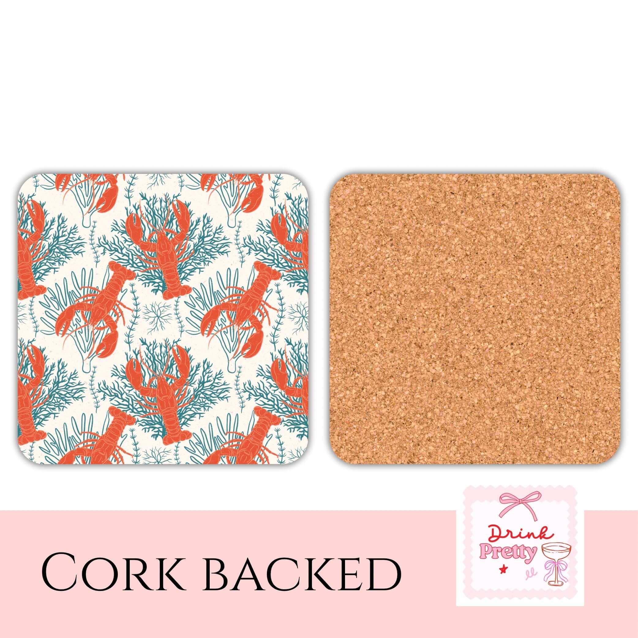 Salty Days - coastal drink coasters set of 4 featuring colorful lobster and seaweed design with cork backing.