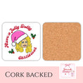 Load image into Gallery viewer, Dolly Parton Christmas drink coaster featuring whimsical design and cork backing for holiday celebrations.
