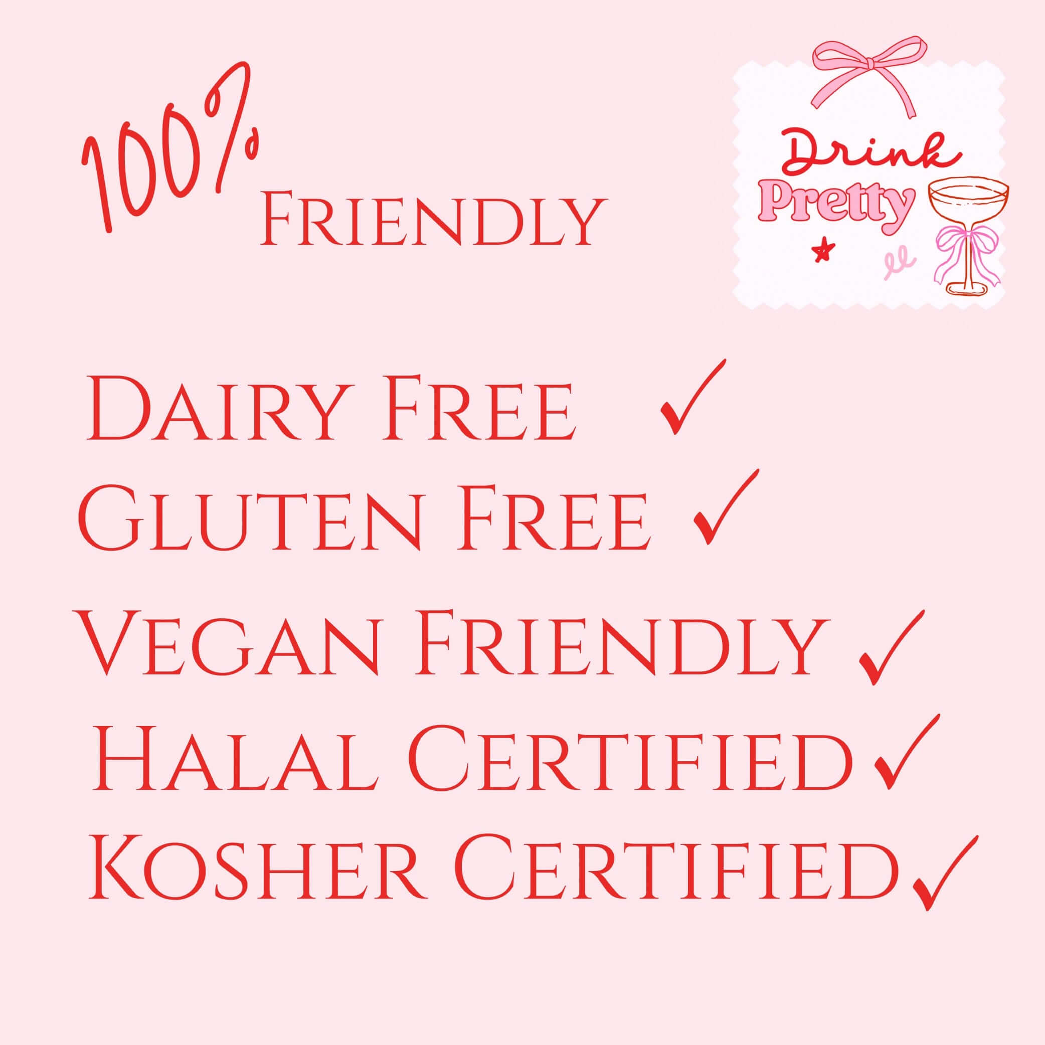 100% friendly product label featuring dairy-free, gluten-free, vegan-friendly, halal and kosher certified options.
