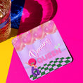 Load image into Gallery viewer, Dancing Queen drink coaster featuring vibrant colors, disco balls, and a fun cartoon character ready for a party.
