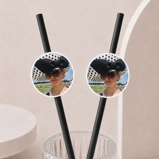 Upload your own personalised photo Paper straw toppers on black straws in a decorative setting.
