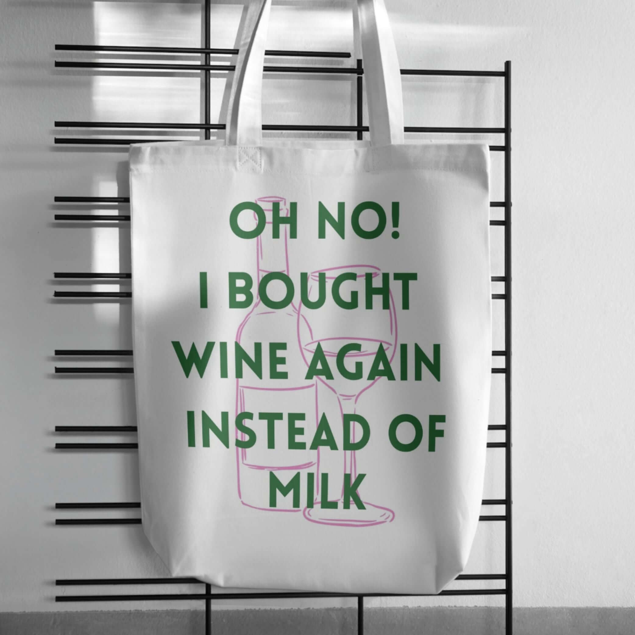 Funny wine tote bag with humorous text about choosing wine over milk, perfect for wine lovers.