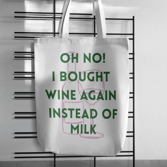 Funny wine tote bag with humorous text about choosing wine over milk, perfect for wine lovers.