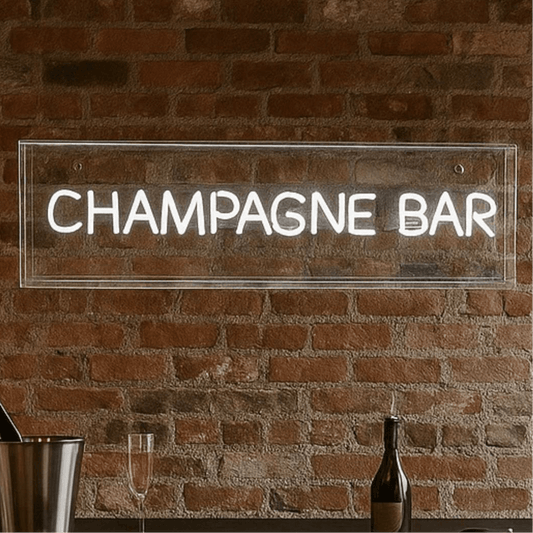 Champagne bar neon sign pre-order displayed on a brick wall, perfect for celebrations and home bars.