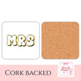 Load image into Gallery viewer, Luxury drink coasters set featuring 'MRS' in gold typography, perfect for newlyweds and elegant occasions.
