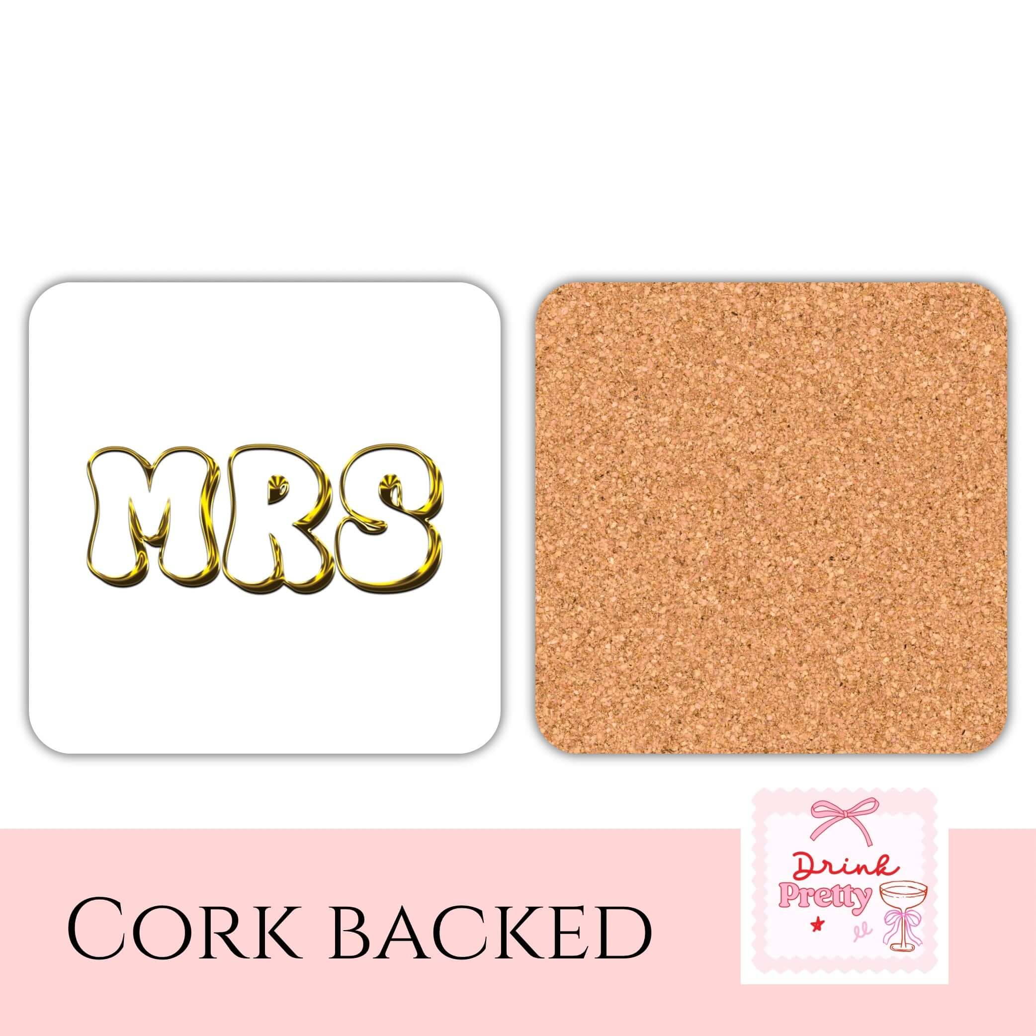 Luxury drink coasters set featuring 'MRS' in gold typography, perfect for newlyweds and elegant occasions.