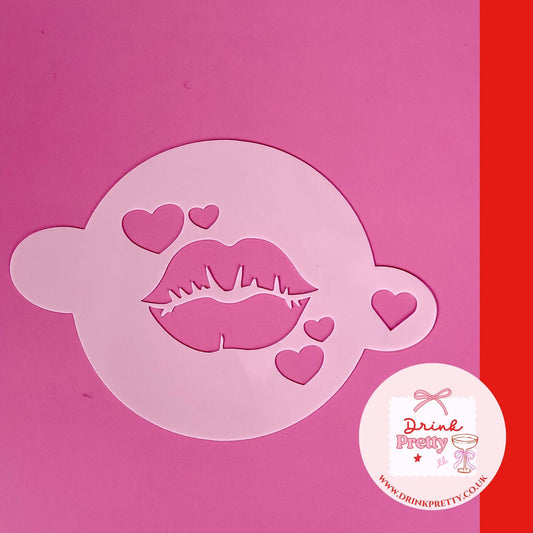 Reusable cocktail coffee stencils featuring kiss lips and hearts design on pink background.