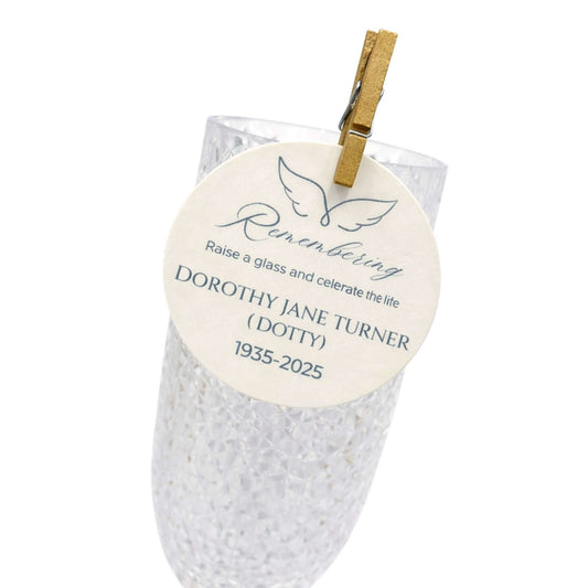 Remembrance Edible Wafer Drink Toppers on a glass celebrating Dorothy Jane Turner's life from 1935 to 2025.